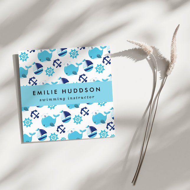 Cartão De Visita Quadrado Baleias Azuis, Instrutor de Natação, Treinador de  (Criador carregado)