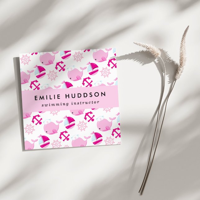 Cartão De Visita Quadrado Baleias rosa, instrutor de Natação, treinador de n (Criador carregado)