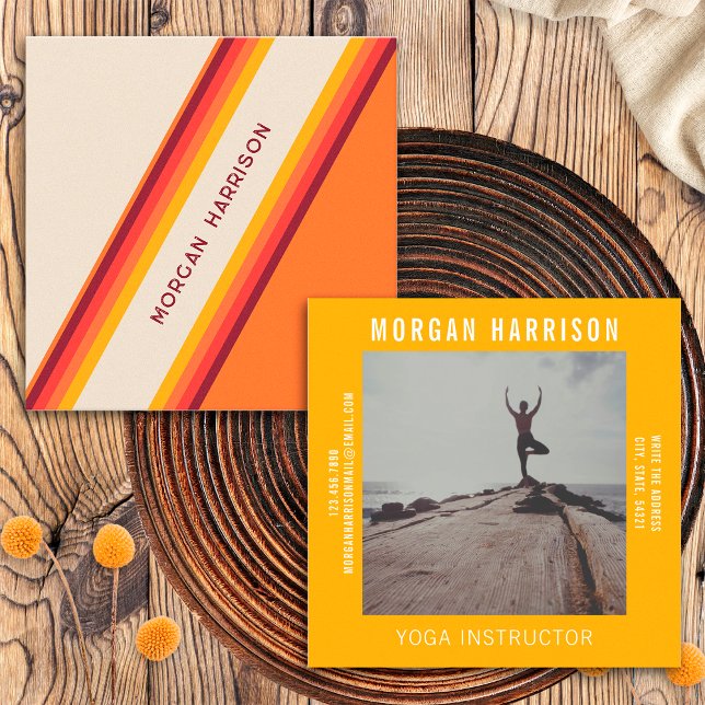 Cartão De Visita Quadrado Bandejas Retro Amarelas Laranja Personalizadas 70, (Front/Back)