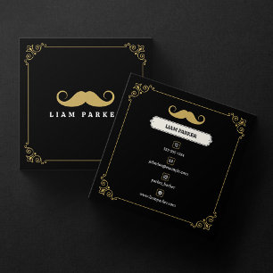 Cartão De Visita Quadrado Barbearia Vintage Bigode Preto e Dourado Simples