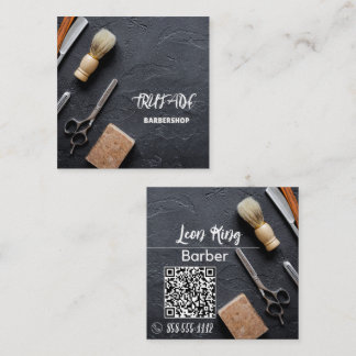Cartão De Visita Quadrado Barber Barbershop Professional Cinza QR