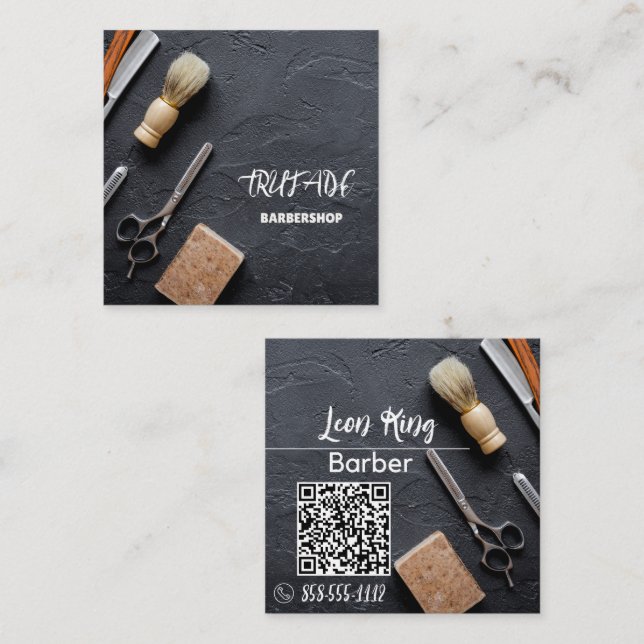 Cartão De Visita Quadrado Barber Barbershop Professional Cinza QR (Frente/Verso)