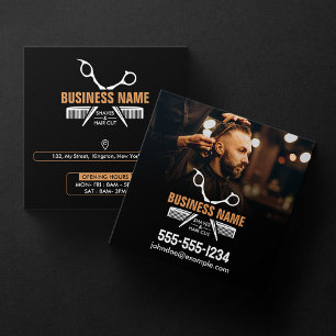Cartão De Visita Quadrado Barber profissional preto eleganteLista de cabelos
