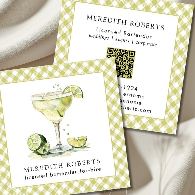 Cartão De Visita Quadrado Barman para Aluguer Margarita Cocktail (Bartender Margarita Cocktail Theme Spring Green Buffalo Plaid Square Business Cards)
