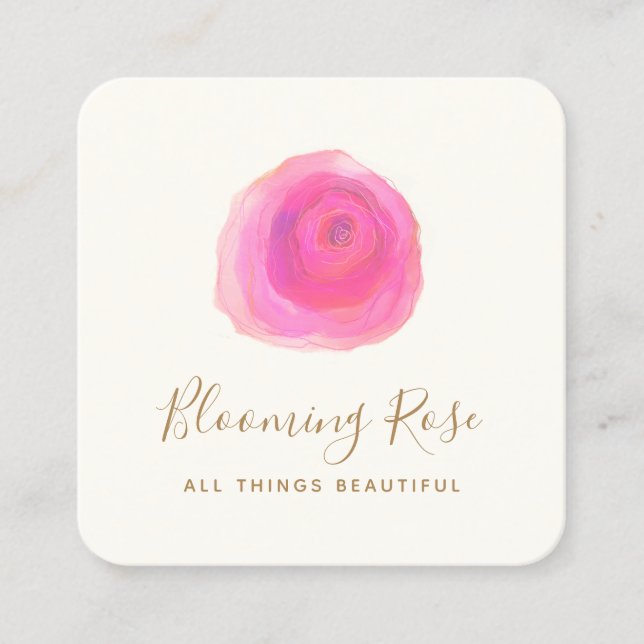 Cartão De Visita Quadrado Barramento Quadrado de Rosa de Aquarela Floral Ele (Frente)