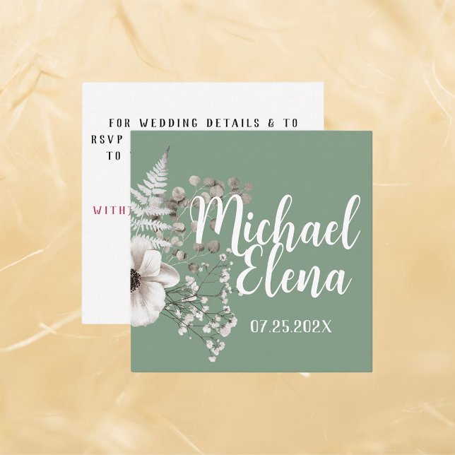Cartão De Visita Quadrado Basil e White Floral Detalhes do Casamento QR (Criador carregado)
