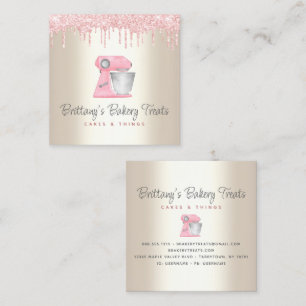 Cartão De Visita Quadrado Batedeira de Cozinha Rosa Brilho Dourado Padaria