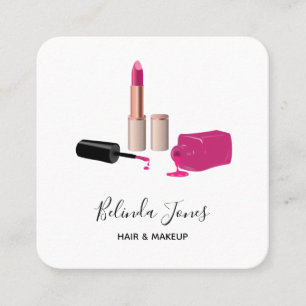 Cartão De Visita Quadrado Batom e Esmalte Rosa Glam Tema de Beleza