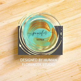 Cartão De Visita Quadrado Bela Orgânica Compro QR Logotipo Aqua Dourado Pint