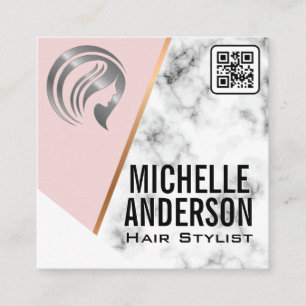 Cartão De Visita Quadrado Beleza Metálica Código QR Rosa Marble