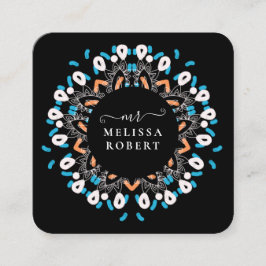 Cartão De Visita Quadrado Belo Floral Azul Mandala Marble Monogramed