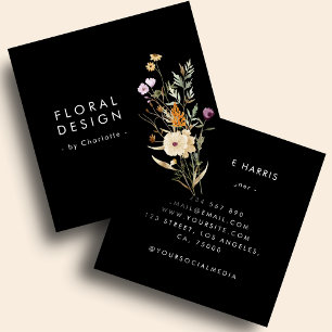 Cartão De Visita Quadrado Black Boho Watercolor Wildflower Floral Designer