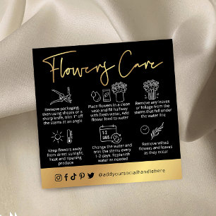 Cartão De Visita Quadrado Black & Gold Script Logo Fresh Flowers Care Guide