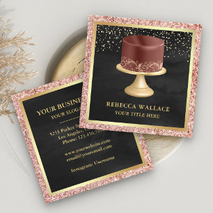 Cartão De Visita Quadrado Black Rose Dourado Brilho Gotas Marrom Padaria Bol