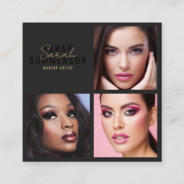 Cartão De Visita Quadrado Black Stylish Makeup Artist Beauty Salon 3 Photo