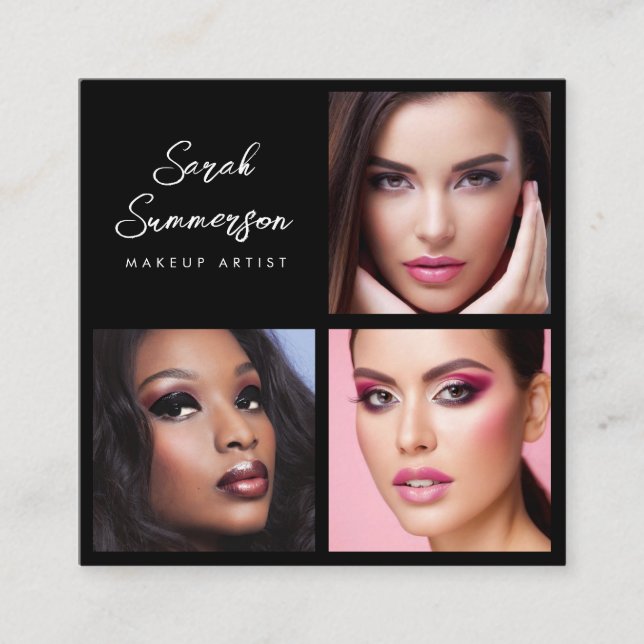 Cartão De Visita Quadrado Black White 3 Photo Elegant Makeup Artist (Frente)