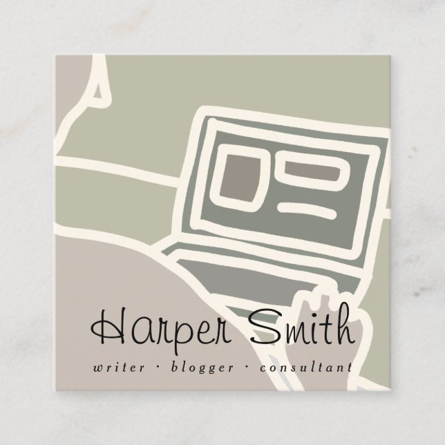 Cartão De Visita Quadrado Blogueiro do escritor online do computador laptop (Frente)
