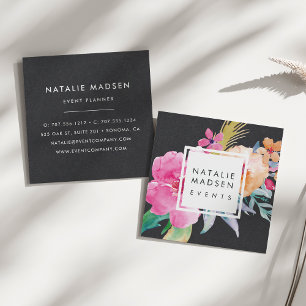 Cartão De Visita Quadrado Blossomas Tropicais   Preto