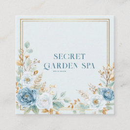Cartão De Visita Quadrado Blue Rose Floral Gold Frame Watercolor Sage
