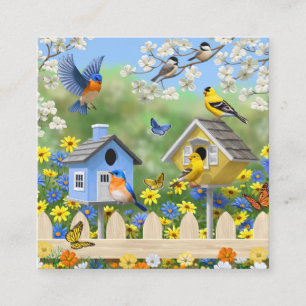 Cartão De Visita Quadrado Bluebird Goldfinches Birdhouses Fllower Garden