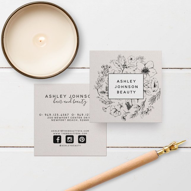 Cartão De Visita Quadrado Blush Botânico Moderno - Cor-de-rosa branco e pret (Criador carregado)