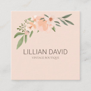 Cartão De Visita Quadrado Blush Peach Watercolor Floral Rosa e Sage Greenery
