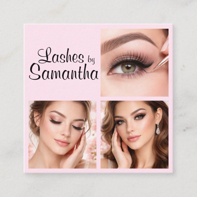 Cartão De Visita Quadrado Blush Pink Black Script 3 Photo Logo Makeup (Frente)