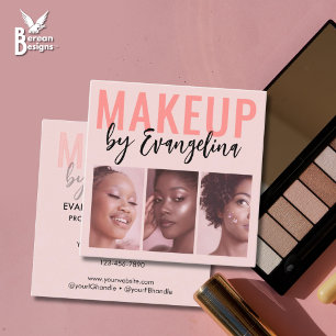 Cartão De Visita Quadrado Blush Pink Script 3 Maquiagem com Foto