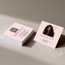 Cartão De Visita Quadrado Blush Pink Script Photo QR Social Hair Extension