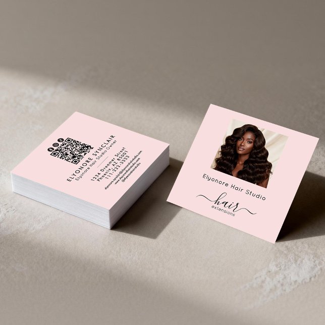 Cartão De Visita Quadrado Blush Pink Script Photo QR Social Hair Extension (Criador carregado)