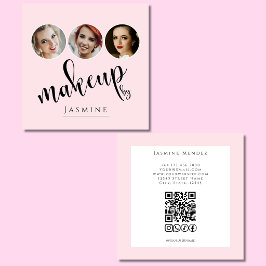 Cartão De Visita Quadrado Blush Rosa Branco 3 Foto MUA Código QR Sociais