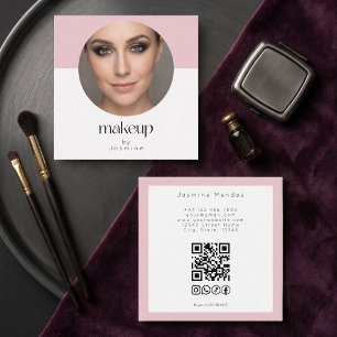Cartão De Visita Quadrado Blush Rosa Branco Foto MUA Código QR Redes Sociais