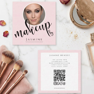 Cartão De Visita Quadrado Blush Rosa Branco Foto MUA Código QR Sociais Quadr