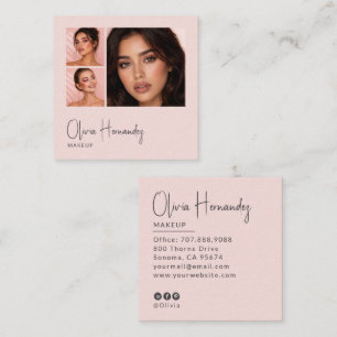 Cartão De Visita Quadrado Blush Rosa Preto Script 3 Foto Maquiagem 