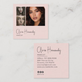 Cartão De Visita Quadrado Blush Rosa Preto Script 3 Foto Maquiagem 