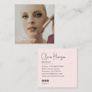 Cartão De Visita Quadrado Blush Rosa Preto Script Foto Maquiagem