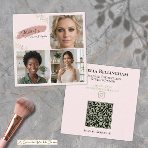 Cartão De Visita Quadrado Blush Sage Luxo 3 Foto Portfólio Código QR Maquiag