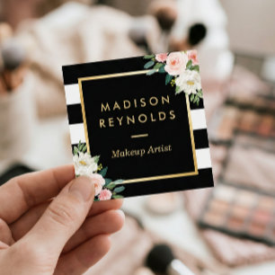 Cartão De Visita Quadrado Blush White Floral Dourado Quadro Preto Listras Br