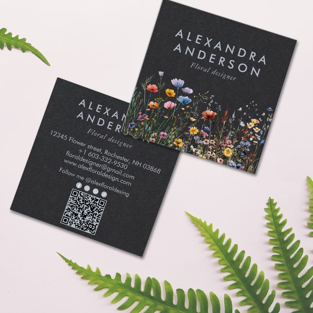 Cartão De Visita Quadrado Boêmia Mínima Elegante Flores Selvagens Aquarela (Elegant Minimal Bohemian Wildflowers Watercolor Square Business Card)