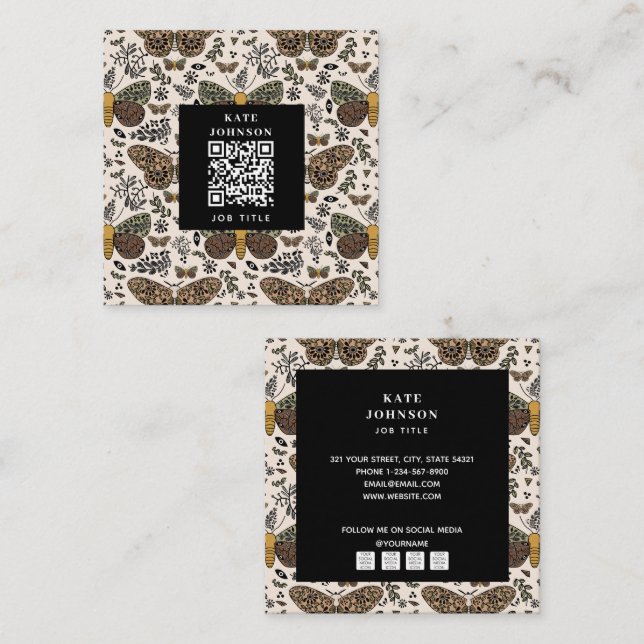 Cartão De Visita Quadrado Bohemian Moth Wildflower Estheticista Beauty Salon (Frente/Verso)