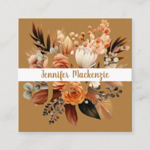 Cartão De Visita Quadrado Boho Beige Dourado Floral