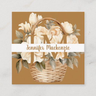Cartão De Visita Quadrado Boho Beige Dourado Floral