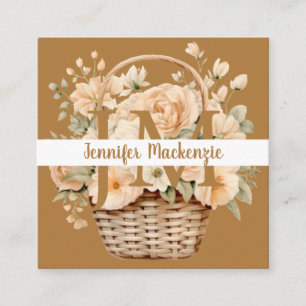 Cartão De Visita Quadrado Boho Beige Dourado Floral