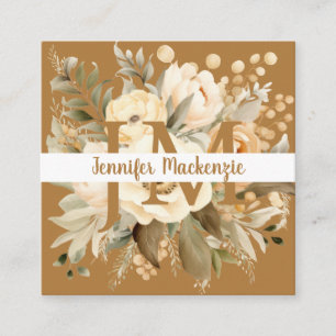 Cartão De Visita Quadrado Boho Beige Dourado Floral