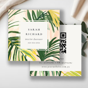 Cartão De Visita Quadrado Boho Blush Green Palm deixa o código QR