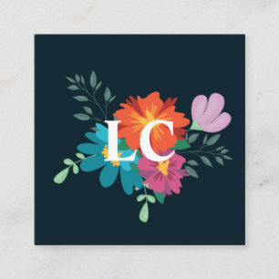 Cartão De Visita Quadrado Boho Floral Buquê Monograma Azul