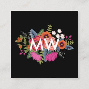 Cartão De Visita Quadrado Boho Floral Buquê Preto Monograma