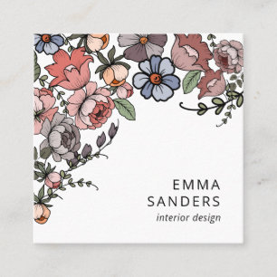 Cartão De Visita Quadrado Boho Floral E Folhagem