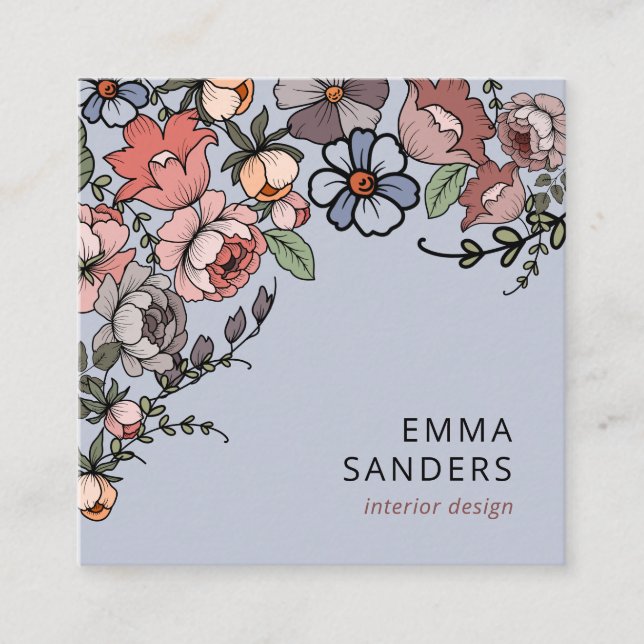Cartão De Visita Quadrado Boho Floral E Foliage Dusty Blue (Frente)