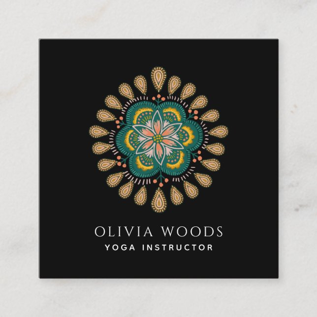 Cartão De Visita Quadrado Boho Floral Mandala Yoga Instrutor (Frente)